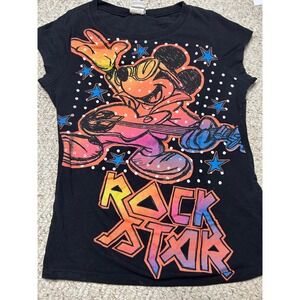 Disney‎ Mickey Mouse Rock Star Graphic Tee Black Cotton Top Kids Large